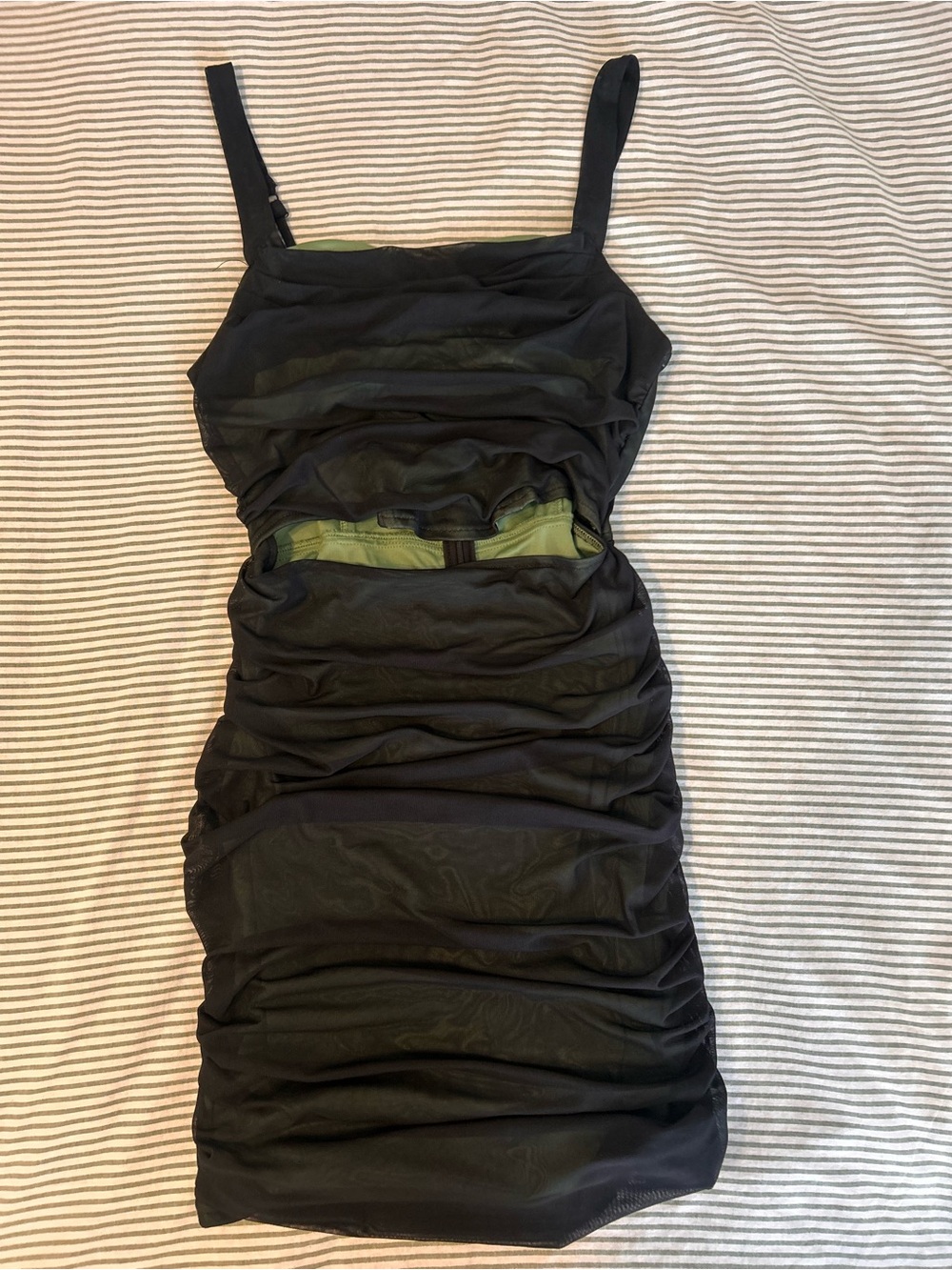 Cider Black Ruched Mini Dress with Olive Green Peek